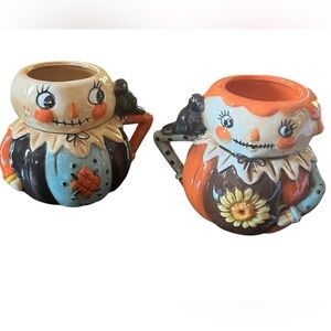 Johanna Parker Scarecrow couple pair Ceramic cup planter Orange Brown black